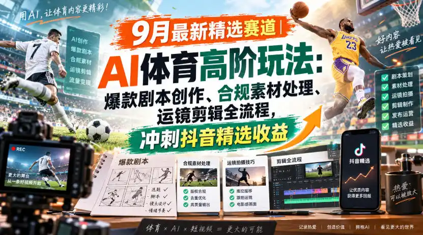 某大佬的9月最新精选赛道之AI体育顶级玩法,爆款剧本创作、版权规避、运镜剪辑全流程,稳拿抖音精选收益 某大佬的9月最新精选赛道之AI体育顶级玩法,爆款剧本创作、版权规避、运镜剪辑全流程,稳拿抖音精选收益