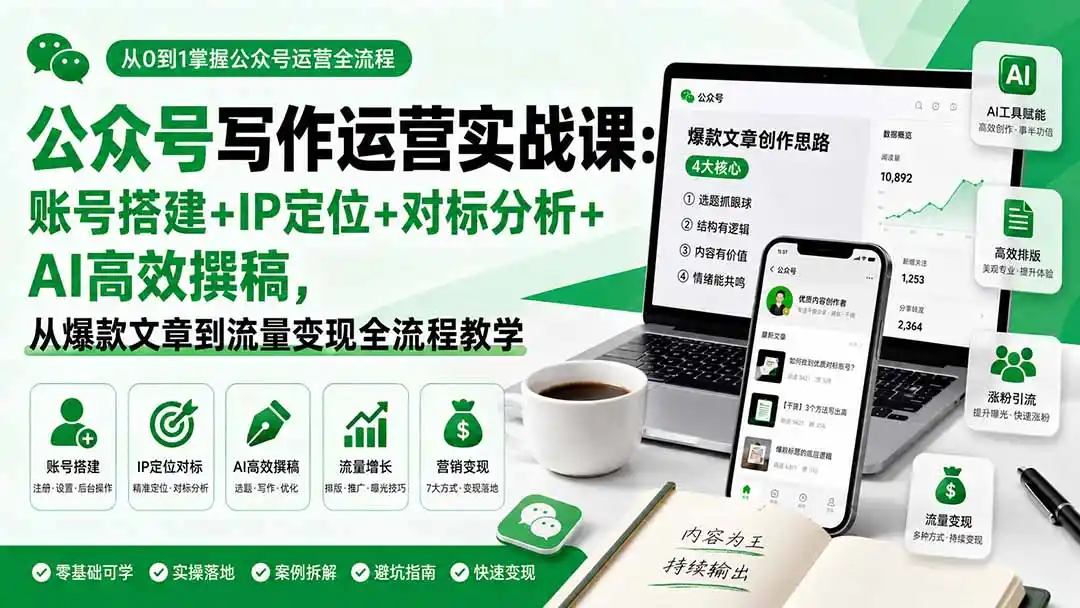 公众号写作运营实战课:账号搭建+IP定位+对标分析+AI高效撰稿,从爆款文章到流量变现全流程教学 公众号写作运营实战课:账号搭建+IP定位+对标分析+AI高效撰稿,从爆款文章到流量变现全流程教学