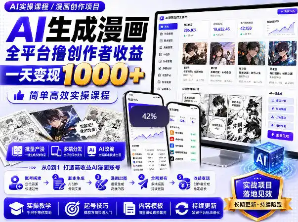 AI生成漫画全平台撸创作者收益内部课程，实操最高单日变现1k+