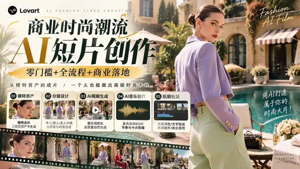 从一张模特图到高级时尚广告大片:AI三视图资产、场景合成、电影分镜、动态生成与复古音乐剪辑实战课 从一张模特图到高级时尚广告大片:AI三视图资产、场景合成、电影分镜、动态生成与复古音乐剪辑实战课