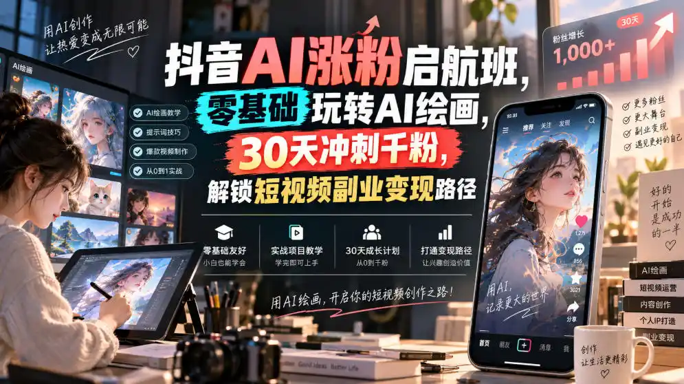 抖音AI涨粉启航班,零基础玩转AI绘画,30天冲刺千粉,解锁短视频副业变现路径 抖音AI涨粉启航班,零基础玩转AI绘画,30天冲刺千粉,解锁短视频副业变现路径