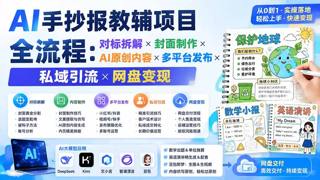 AI手抄报教辅项目全流程:对标拆解×封面制作×AI原创内容×多平台发布×私域引流×网盘变现 AI手抄报教辅项目全流程:对标拆解×封面制作×AI原创内容×多平台发布×私域引流×网盘变现