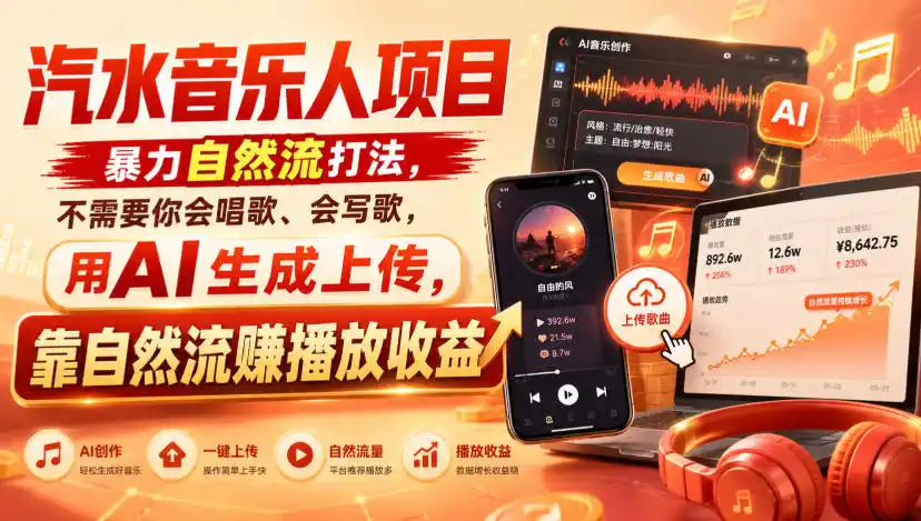 汽水音乐人项目,暴力自然流打法,不需要你会唱歌、会写歌,用AI生成上传,靠自然流賺播放收益 汽水音乐人项目,暴力自然流打法,不需要你会唱歌、会写歌,用AI生成上传,靠自然流賺播放收益