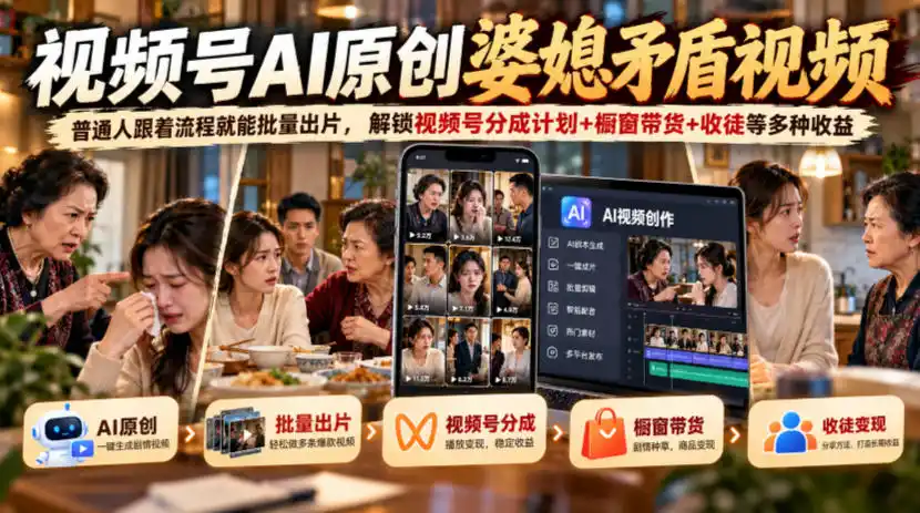 视频号ai原创婆媳矛盾视频,普通人跟着流程就能批量出片,解锁视频号分成计划+橱窗带货+收徒等多种收益 视频号ai原创婆媳矛盾视频,普通人跟着流程就能批量出片,解锁视频号分成计划+橱窗带货+收徒等多种收益