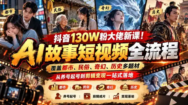 抖音130W粉大佬新课!AI故事短视频全流程,覆盖都市、民俗、奇幻、历史多题材,从养号起号到剪辑变现一站式落地 抖音130W粉大佬新课!AI故事短视频全流程,覆盖都市、民俗、奇幻、历史多题材,从养号起号到剪辑变现一站式落地