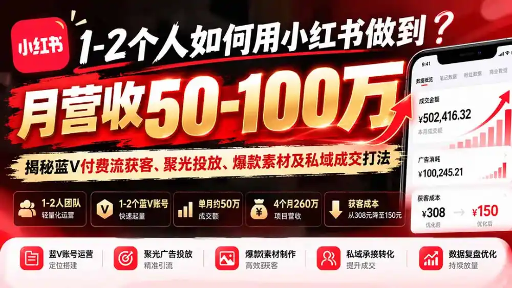 1-2个人如何用小红书做到月营收50-100万?揭秘蓝V付费流获客、聚光投放、爆款素材及私域成交打法 1-2个人如何用小红书做到月营收50-100万?揭秘蓝V付费流获客、聚光投放、爆款素材及私域成交打法