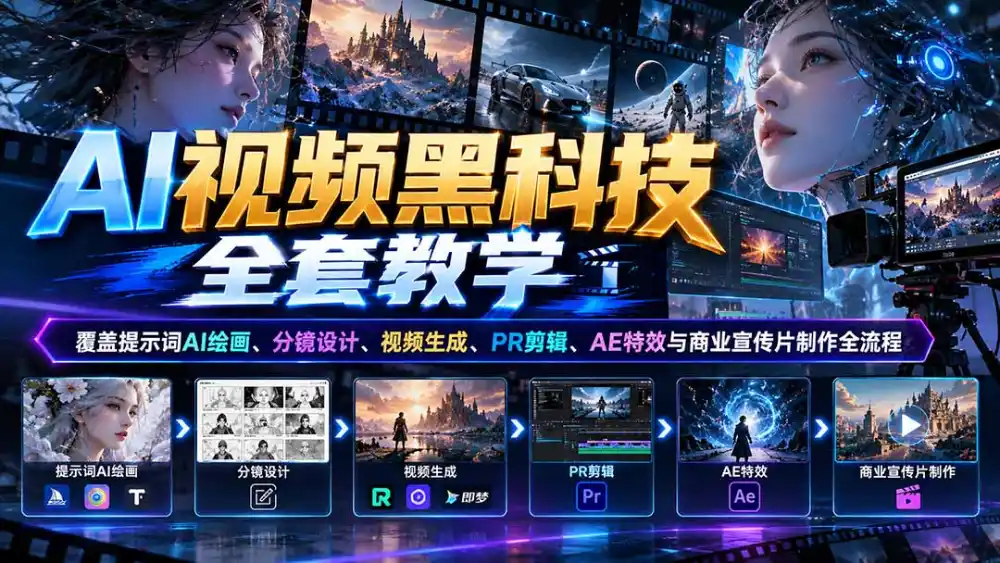 AI视频黑科技全套教学:覆盖提示词AI绘画、分镜设计、视频生成、PR剪辑、AE特效与商业宣传片制作全流程 AI视频黑科技全套教学:覆盖提示词AI绘画、分镜设计、视频生成、PR剪辑、AE特效与商业宣传片制作全流程