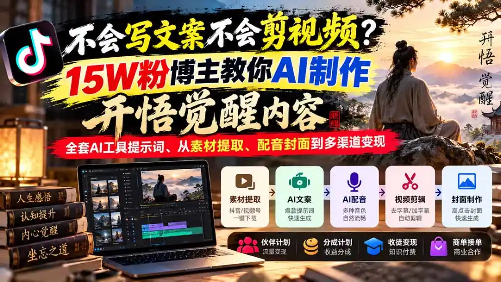 不会写文案不会剪视频?15W粉博主教你AI制作开悟觉醒内容,全套AI工具提示词、从素材提取、配音封面到多渠道变现 不会写文案不会剪视频?15W粉博主教你AI制作开悟觉醒内容,全套AI工具提示词、从素材提取、配音封面到多渠道变现