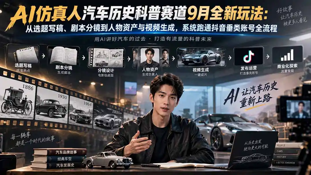 AI仿真人汽车历史科普赛道9月全新玩法:从选题写稿、剧本分镜到人物资产与视频生成,系统跑通抖音垂类账号全流程 AI仿真人汽车历史科普赛道9月全新玩法:从选题写稿、剧本分镜到人物资产与视频生成,系统跑通抖音垂类账号全流程
