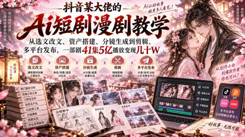 抖音某大佬的Ai短剧漫剧教学，从选文改文、资产搭建、分镜生成到剪辑、多平台发布，一部剧41集5亿播放变现几十W