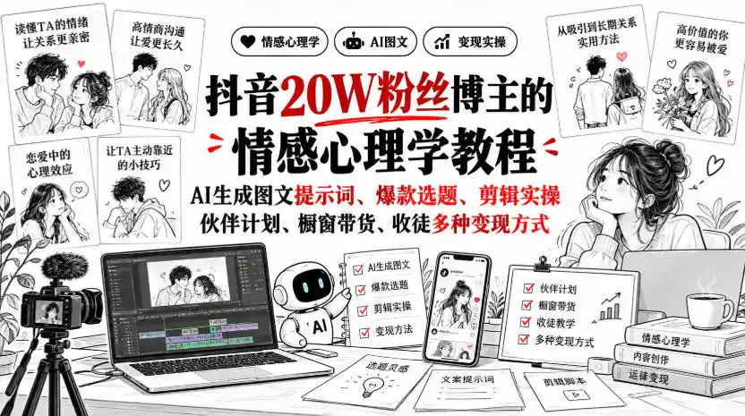 抖音20W粉丝博主静候心声的情感心理学教程,AI生成图文提示词、爆款选题、剪辑实操,伙伴计划、橱窗带货、收徒多种变现方式 抖音20W粉丝博主静候心声的情感心理学教程,AI生成图文提示词、爆款选题、剪辑实操,伙伴计划、橱窗带货、收徒多种变现方式