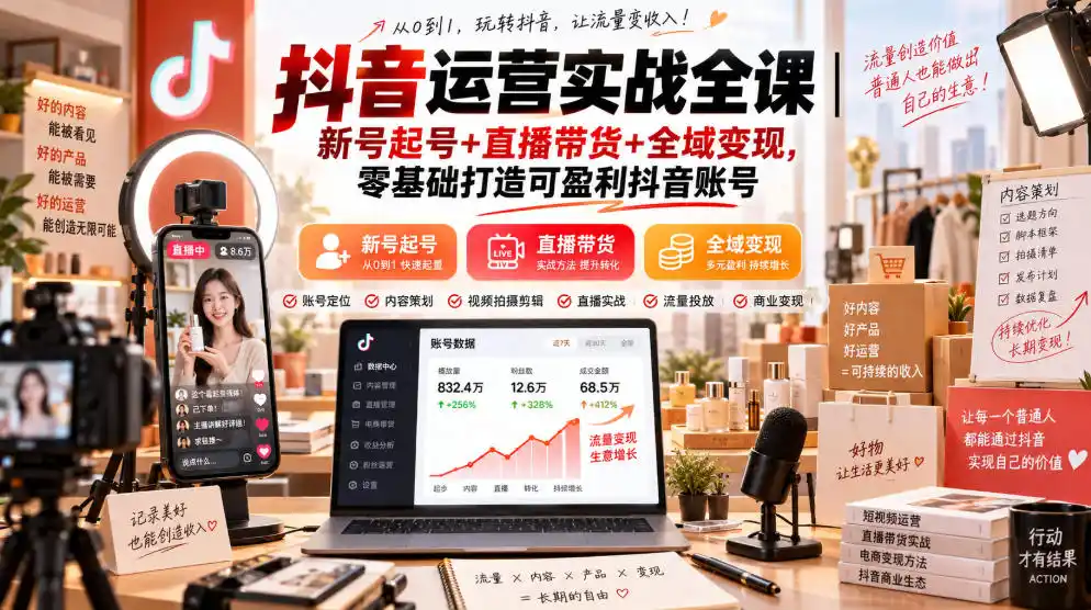抖音运营实战全课｜新号起号+直播带货+全域变现，零基础打造可盈利抖音账号