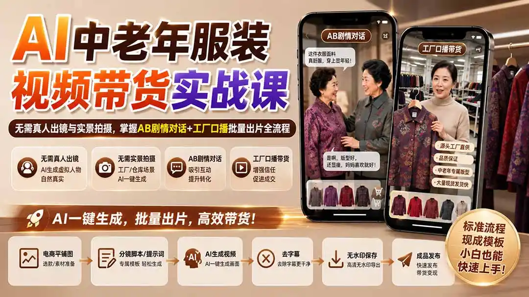AI中老年服装视频带货实战课:无需真人出镜与实景拍摄,掌握AB剧情对话+工厂口播批量出片全流程 AI中老年服装视频带货实战课:无需真人出镜与实景拍摄,掌握AB剧情对话+工厂口播批量出片全流程