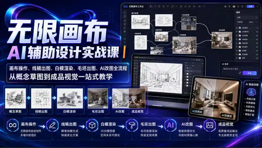 无限画布AI辅助设计实战课|画布操作、线稿出图、白模渲染、毛坯出图、AI改图全流程,从概念草图到成品视觉一站式教学 无限画布AI辅助设计实战课|画布操作、线稿出图、白模渲染、毛坯出图、AI改图全流程,从概念草图到成品视觉一站式教学
