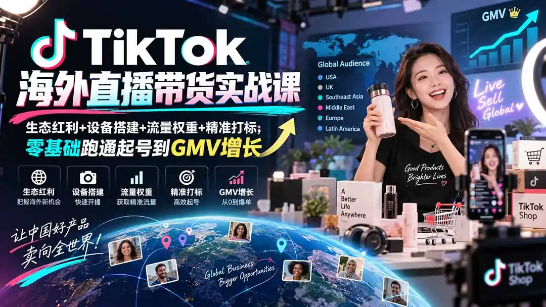 TikTok海外直播带货实战课｜生态红利+设备搭建+流量权重+精准打标，零基础跑通起号到GMV增长