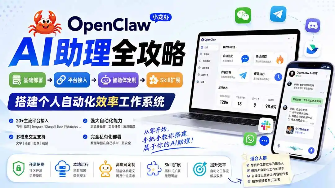 OpenClaw小龙虾 AI助理全攻略:基础部署→平台接入→智能体定制→Skill扩展,搭建个人自动化效率工作系统 OpenClaw小龙虾 AI助理全攻略:基础部署→平台接入→智能体定制→Skill扩展,搭建个人自动化效率工作系统
