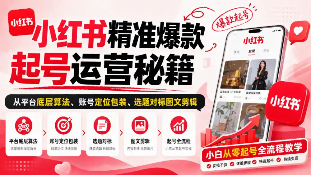 小红书精准爆款起号运营秘籍,从平台底层算法、账号定位包装、选题对标图文剪辑,小白从零起号全流程 小红书精准爆款起号运营秘籍,从平台底层算法、账号定位包装、选题对标图文剪辑,小白从零起号全流程