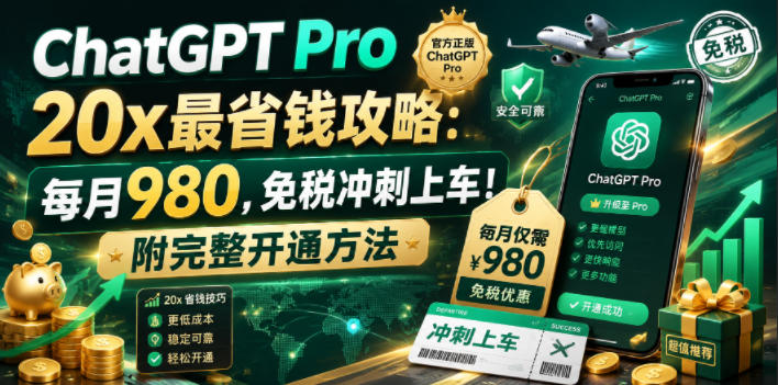 ChatGPT Pro 20x最省钱攻略:每月980,免税冲刺上车!附完整开通方法【文档】 ChatGPT Pro 20x最省钱攻略:每月980,免税冲刺上车!附完整开通方法【文档】