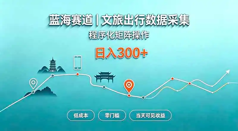 蓝海赛道 文旅出行数据采集 程序化矩阵操作 低成本 零门槛 当天可见收益 日入300+