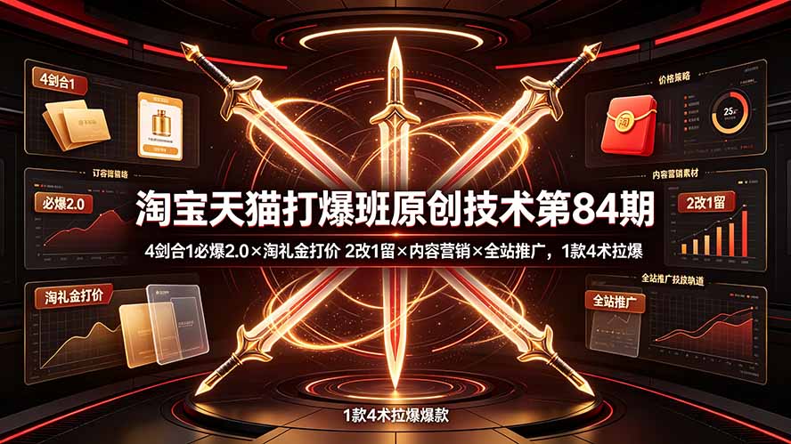 淘宝天猫打爆班原创技术第84期:4剑合1必爆2.0×淘礼金打价×2改1留×内容营销×全站推广,1款4术拉爆 淘宝天猫打爆班原创技术第84期:4剑合1必爆2.0×淘礼金打价×2改1留×内容营销×全站推广,1款4术拉爆