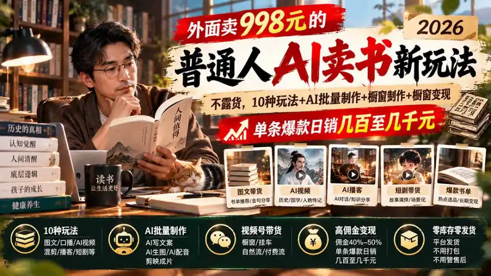 外面卖998元的2026普通人AI卖书新玩法:不露脸、不囤货,10种玩法+AI批量制作+橱窗变现,单条爆款日销几百至几千元 外面卖998元的2026普通人AI卖书新玩法:不露脸、不囤货,10种玩法+AI批量制作+橱窗变现,单条爆款日销几百至几千元