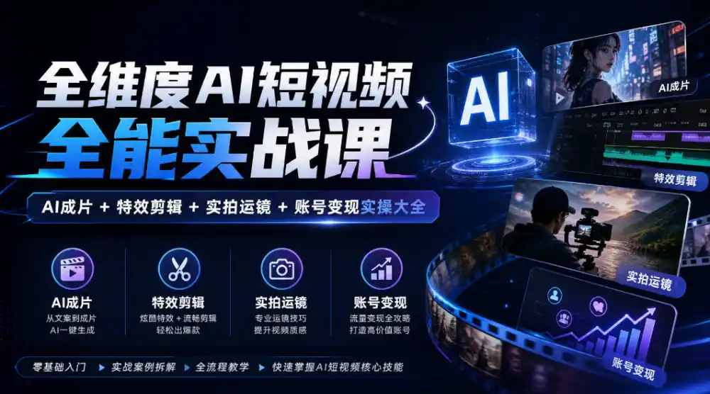 全维度AI短视频全能实战课，AI成片+特效剪辑+实拍运镜+账号变现实操大全