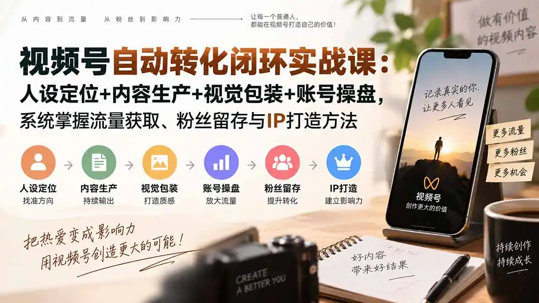 视频号自动转化闭环实战课:人设定位+内容生产+视觉包装+账号操盘,系统掌握流量获取、粉丝留存与IP打造方法 视频号自动转化闭环实战课:人设定位+内容生产+视觉包装+账号操盘,系统掌握流量获取、粉丝留存与IP打造方法