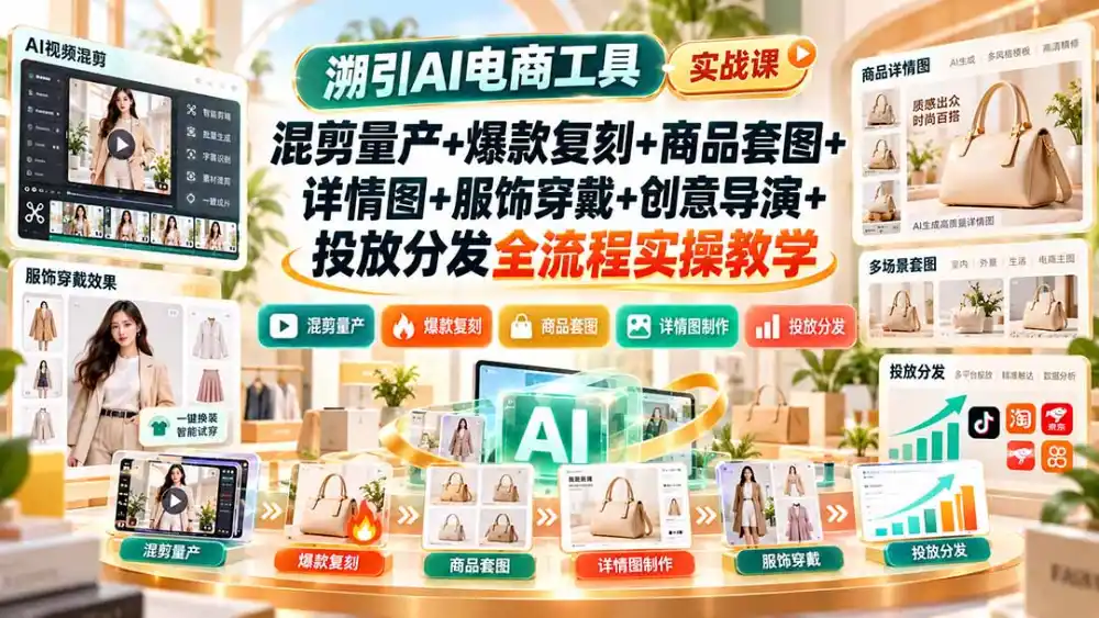 溯引AI电商工具实战课:混剪量产+爆款复刻+商品套图+详情图+服饰穿戴+创意导演+投放分发全流程实操教学 溯引AI电商工具实战课:混剪量产+爆款复刻+商品套图+详情图+服饰穿戴+创意导演+投放分发全流程实操教学