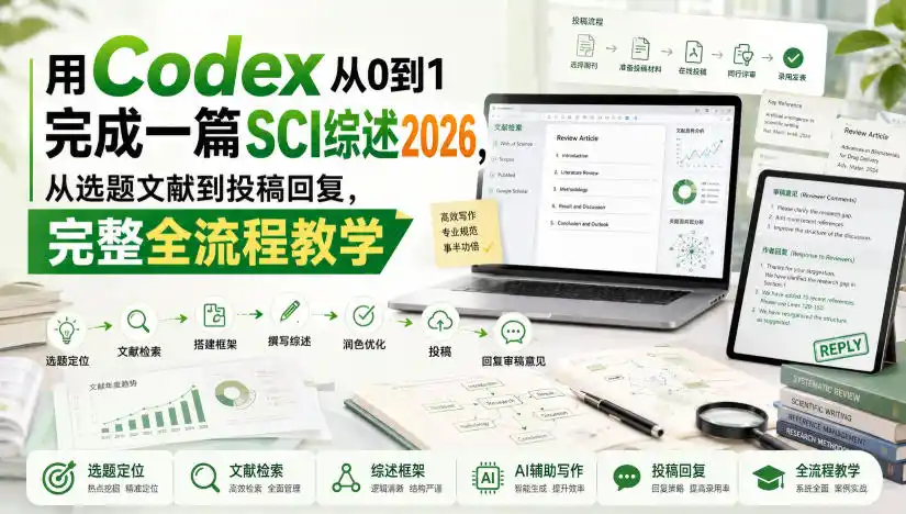 用Codex从0到1完成一篇SCI综述2026,从选题文献到投稿回复,完整全流程教学 用Codex从0到1完成一篇SCI综述2026,从选题文献到投稿回复,完整全流程教学
