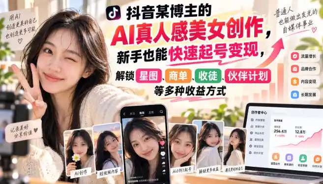 抖音某博主的AI真人感美女创作，新手也能快速起号变现，解锁星图，商单，收徒，伙伴计划等多种收益方式