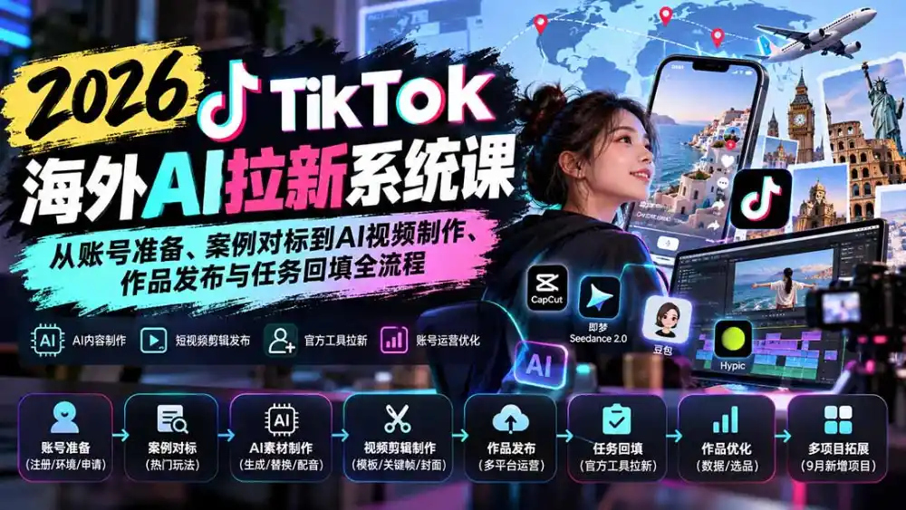 【无水印】2026 TikTok海外AI拉新系统课:从账号准备、案例对标到AI视频制作、作品发布与任务回填全流程 【无水印】2026 TikTok海外AI拉新系统课:从账号准备、案例对标到AI视频制作、作品发布与任务回填全流程