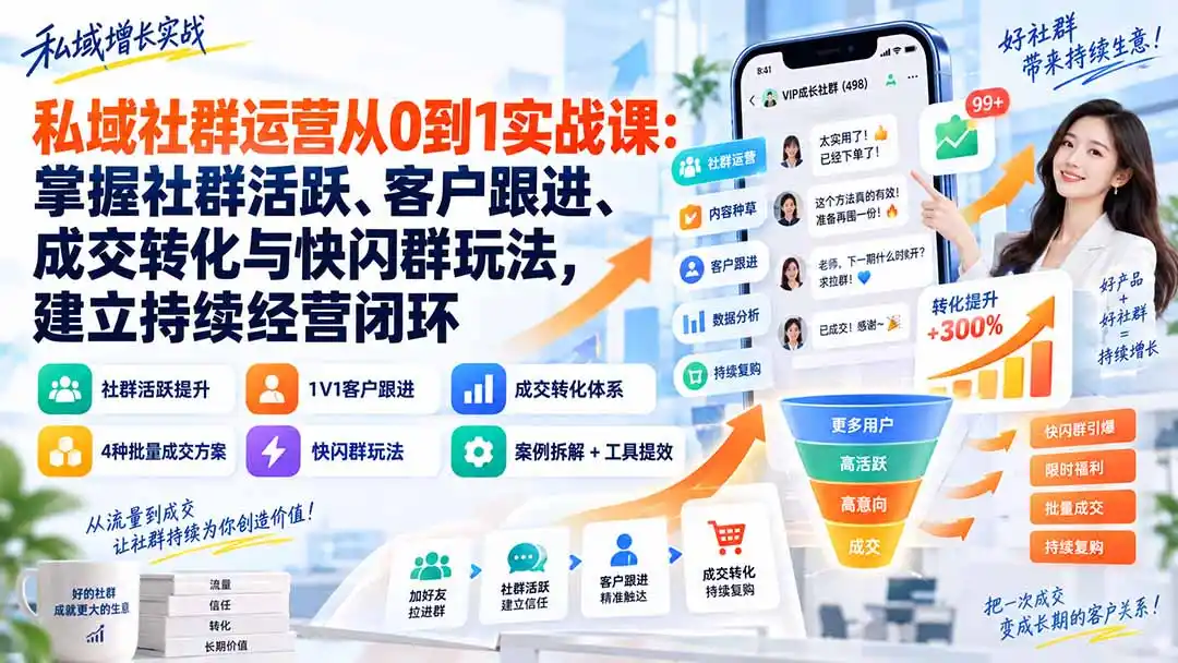 私域社群运营从0到1实战课:掌握社群活跃、客户跟进、成交转化与快闪群玩法,建立持续经营闭环 私域社群运营从0到1实战课:掌握社群活跃、客户跟进、成交转化与快闪群玩法,建立持续经营闭环