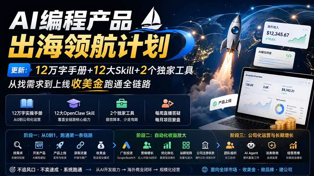 AI编程产品出海领航计划-更新:12万字手册+12大Skill+2个独家工具,从找需求到上线收美金跑通全链路 AI编程产品出海领航计划-更新:12万字手册+12大Skill+2个独家工具,从找需求到上线收美金跑通全链路