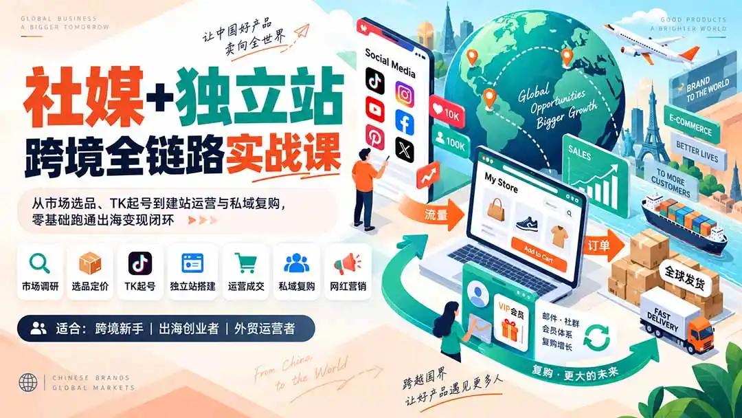 社媒+独立站跨境全链路实战课:从市场选品、TK起号到建站运营与私域复购,零基础跑通出海变现闭环 社媒+独立站跨境全链路实战课:从市场选品、TK起号到建站运营与私域复购,零基础跑通出海变现闭环