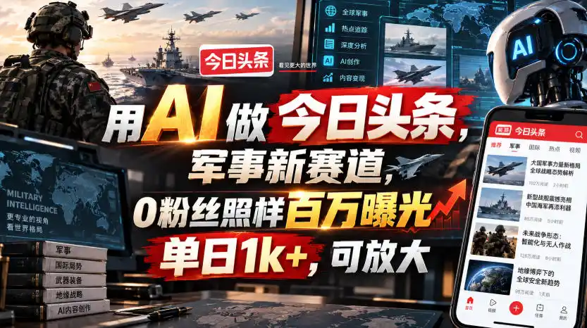 用AI做今日头条,军事新赛道,0粉丝照样百万曝光,单日1k+,可放大 用AI做今日头条,军事新赛道,0粉丝照样百万曝光,单日1k+,可放大