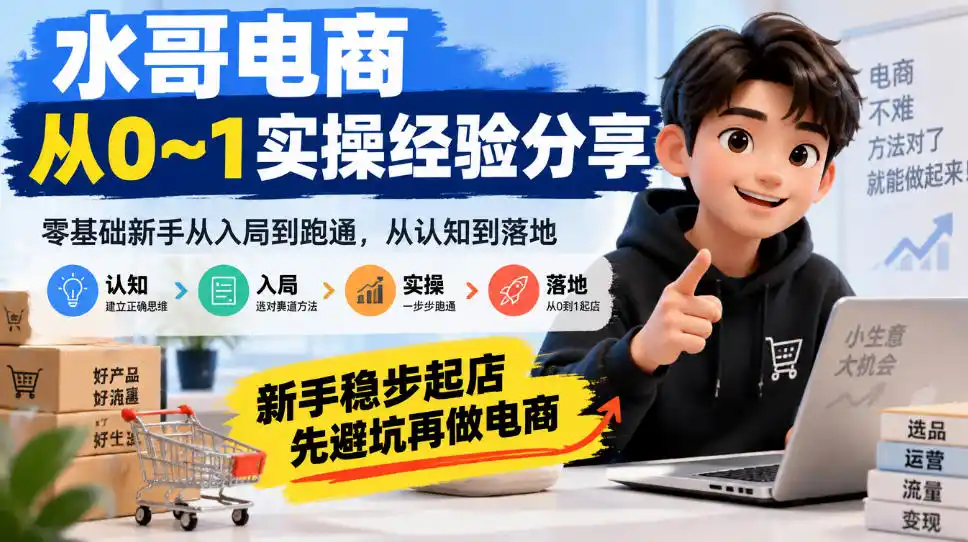 水哥电商从0~1实操经验分享，零基础新手从入局到跑通，从认知到落地，新手稳步起店，先避坑再做电商