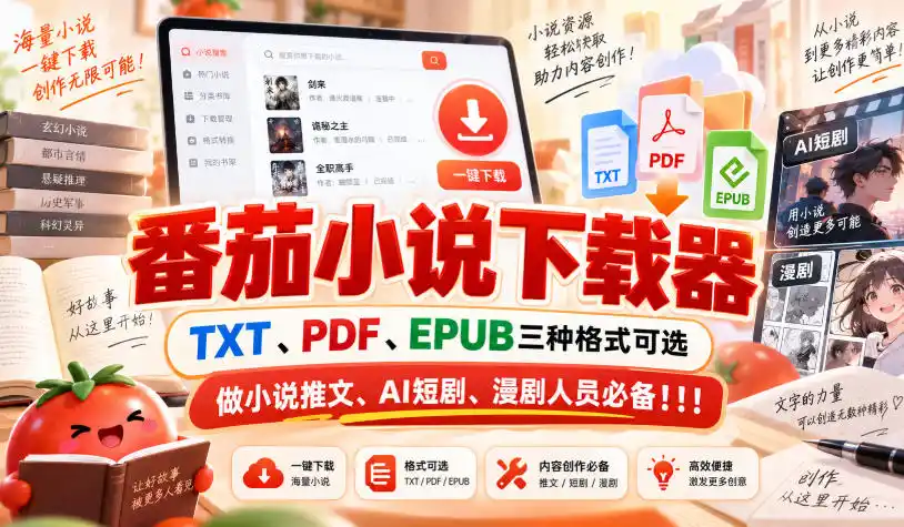 番茄小说下载器,TXT、PDF、EPUB三种格式可选,做小说推文、AI短剧、漫剧人员必备!!! 番茄小说下载器,TXT、PDF、EPUB三种格式可选,做小说推文、AI短剧、漫剧人员必备!!!