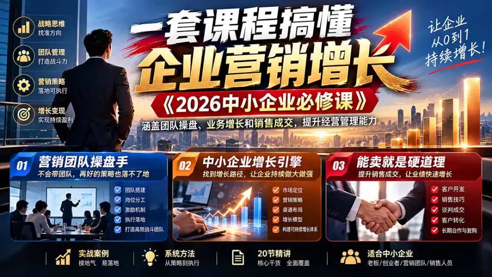 一套课程搞懂企业营销增长《2026中小企业必修课》涵盖团队操盘、业务增长和销售成交，提升经营管理能力