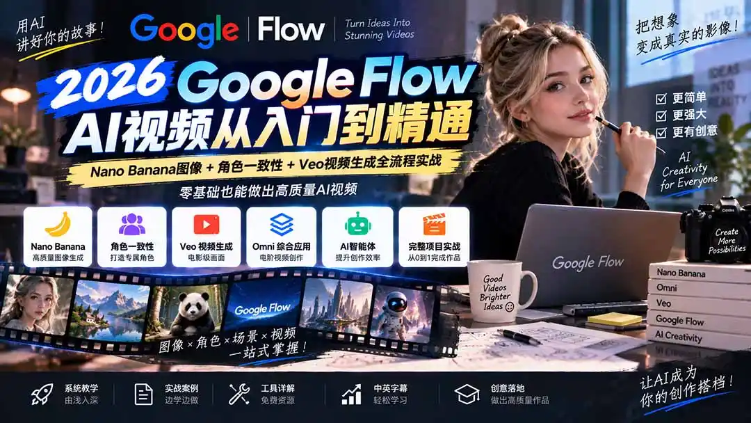 【无水印】Google Flow AI视频从入门到精通:Nano Banana图像+角色一致性+Veo视频生成全流程实战-精翻中英字幕 【无水印】Google Flow AI视频从入门到精通:Nano Banana图像+角色一致性+Veo视频生成全流程实战-精翻中英字幕