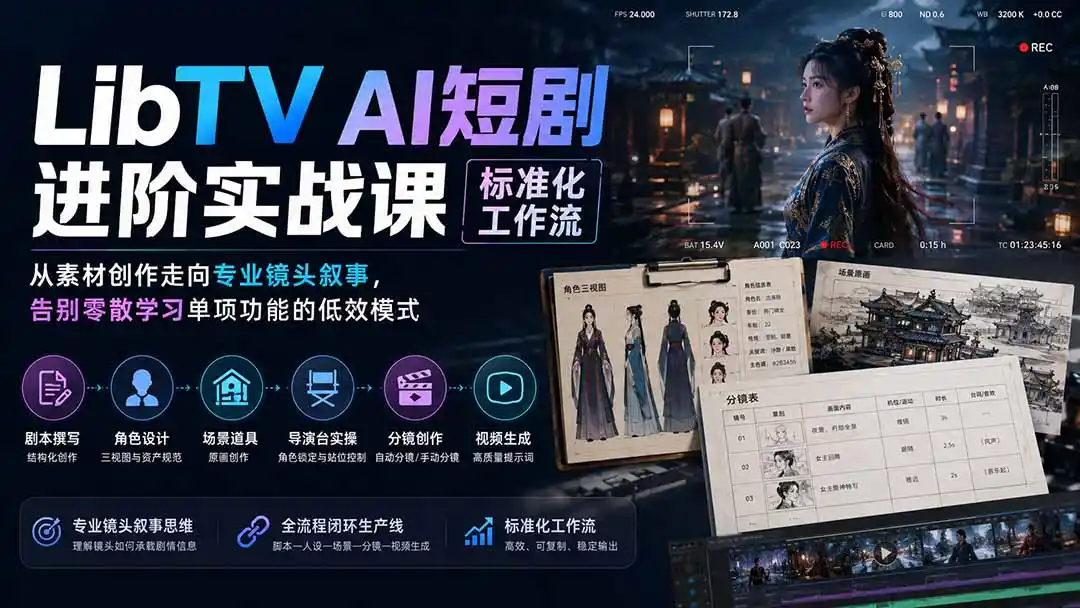 LibTV AI短剧进阶实操课标准化工作流;从素材创作走向专业镜头叙事,告别零散学习单项功能的低效模式 LibTV AI短剧进阶实操课标准化工作流;从素材创作走向专业镜头叙事,告别零散学习单项功能的低效模式
