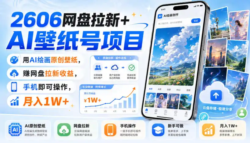 2606网盘拉新+AI壁纸号项目，用AI绘画原创壁纸，賺网盘拉新收益，手机即可操作，月入1W+