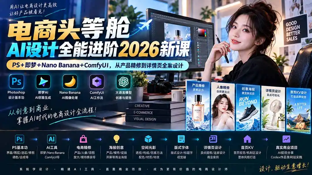 电商头等舱AI设计全能进阶2026新课:PS+即梦+Nano Banana+ComfyUI,从产品精修到详情页全案设计 电商头等舱AI设计全能进阶2026新课:PS+即梦+Nano Banana+ComfyUI,从产品精修到详情页全案设计