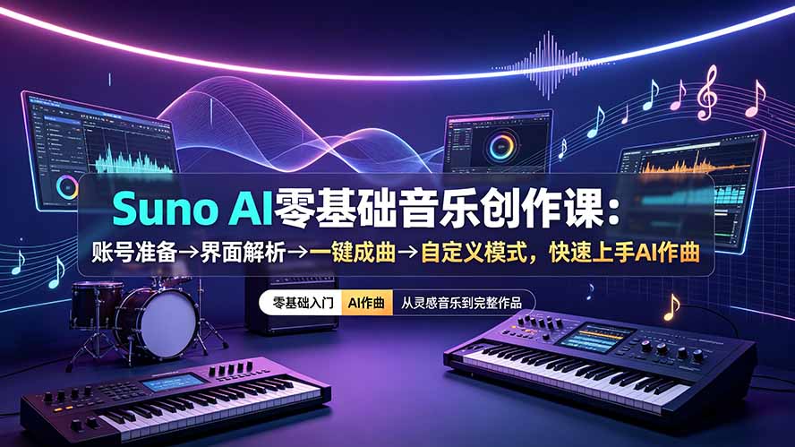 Suno AI零基础音乐创作课:账号准备→界面解析→一键成曲→自定义模式,快速上手AI作曲 Suno AI零基础音乐创作课:账号准备→界面解析→一键成曲→自定义模式,快速上手AI作曲